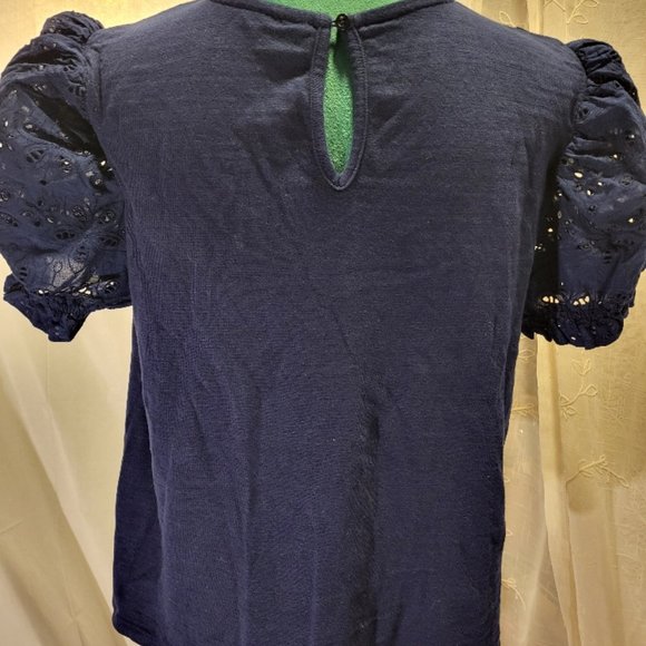 Eyelet Puff Sleeve Mixed Media Navy Top - Picture 7 of 13